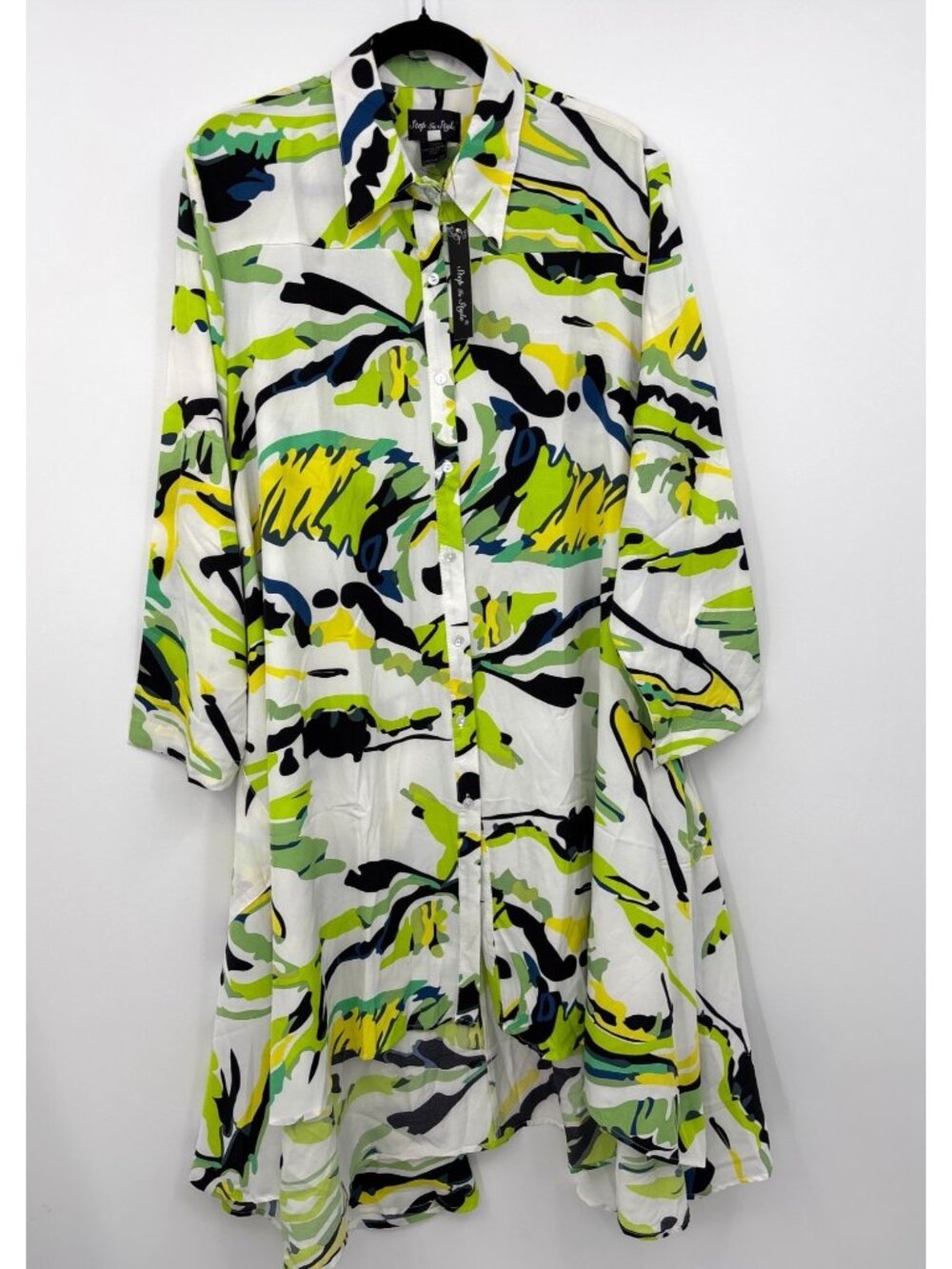 Step In Style Long Sleeve Button Tunic Shirt Dress Hi Lo Hem Black Green 1X NEW